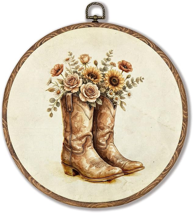 DNEULYR Western Cowgirl Boots Round Framed Wall Art Decor, Vintage Rustic Floral Cowboy Southwest... | Amazon (US)