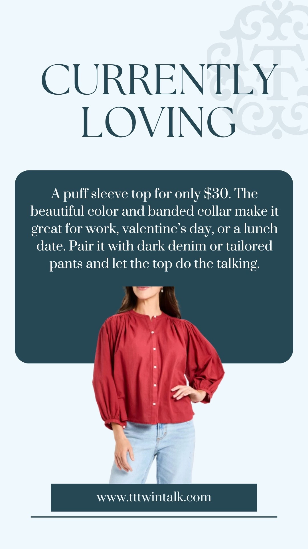 A puff sleeve top for only $30. The beautiful color and banded collar make it great for work, valentine’s day, or a lunch date. Pair it with dark denim or tailored pants and let the top do the talking.

#LTKFindsUnder50 #LTKOver40 #LTKFindsUnder100