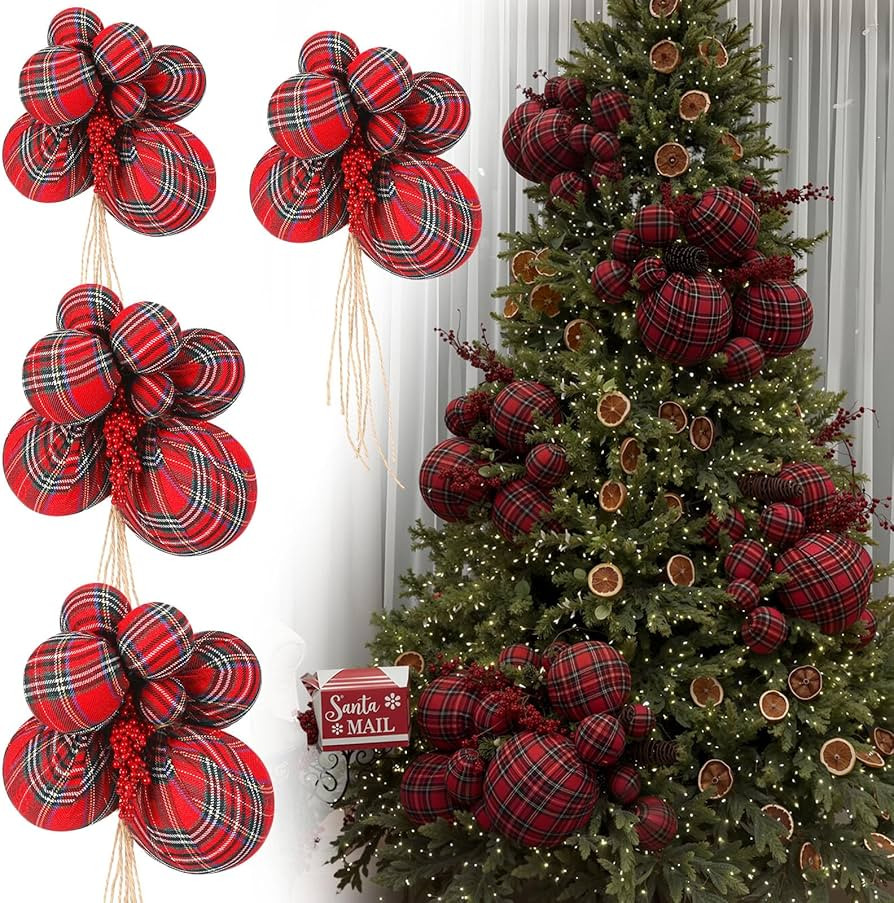 Soulchen 4 Set 32 Pcs Christmas Plaid Ball Ornaments Vintage Large Buffalo Plaid Balls Christmas ... | Amazon (US)