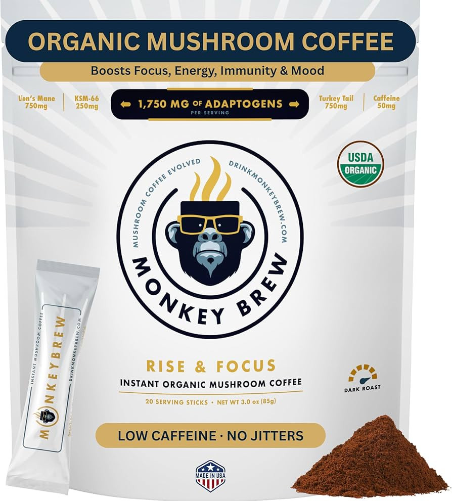 Monkey Brew Rise & Focus USDA Organic Mushroom Coffee | Boosts Focus, Energy, Immunity & Mood | 1... | Amazon (US)