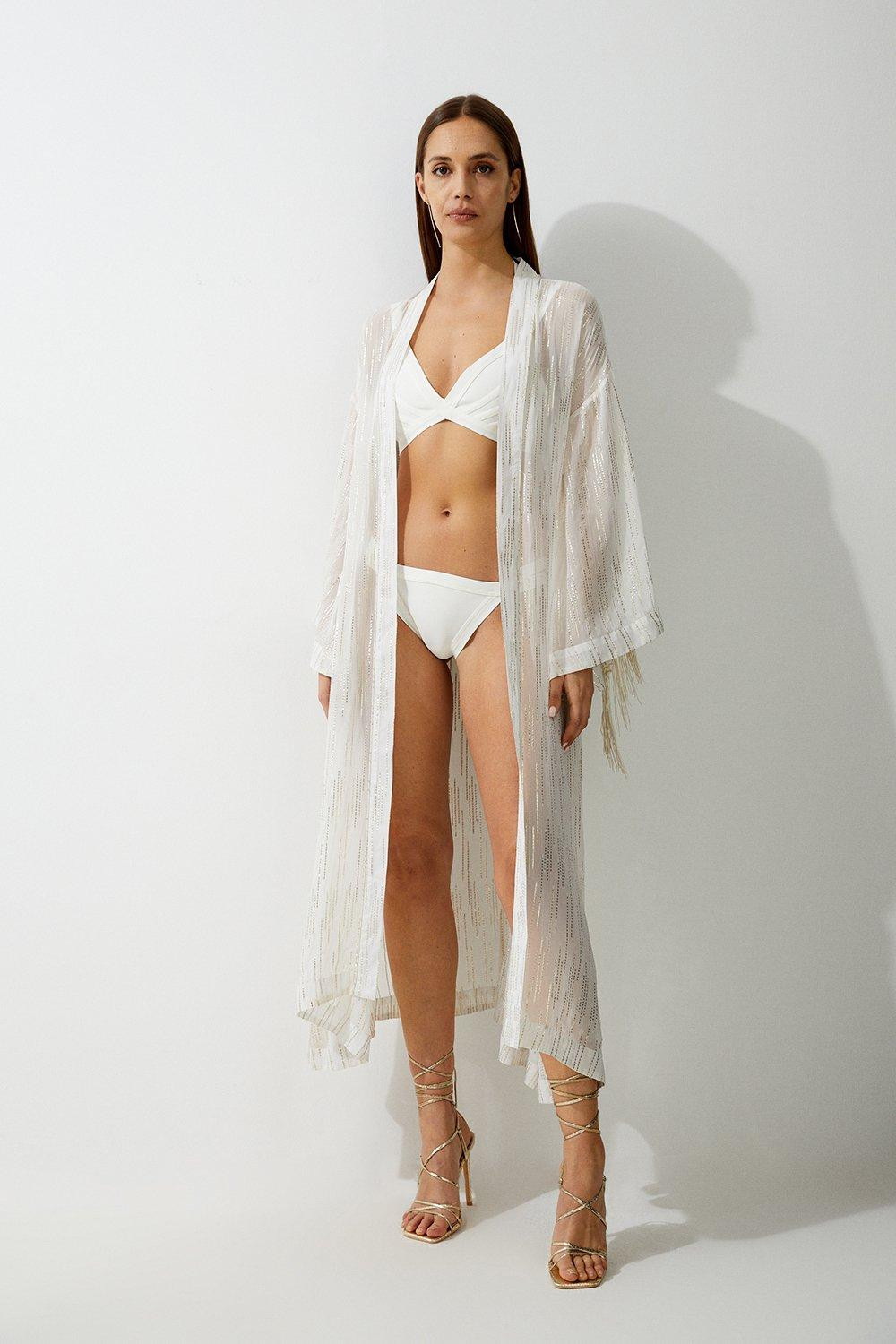 Fringed Metallic Viscose Georgette Woven Kimono | Karen Millen UK + IE + DE + NL