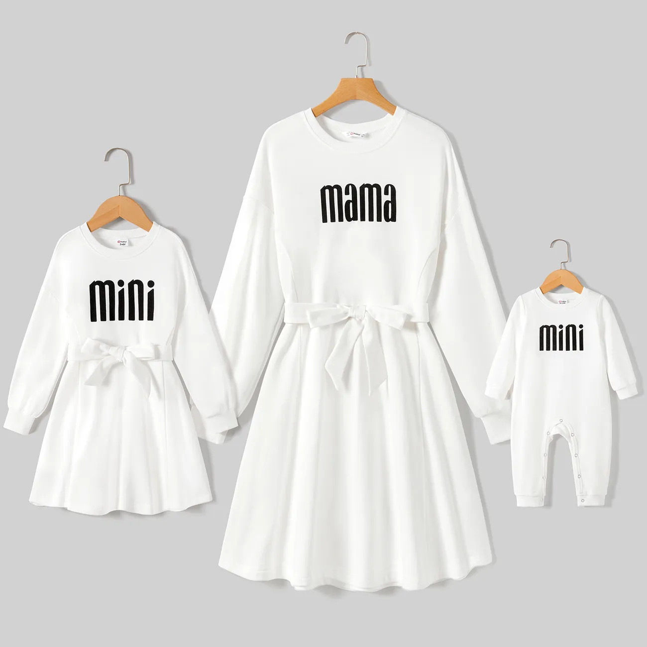 Mommy and Me Letter Print White Long-sleeve Belted Dresses | PatPat