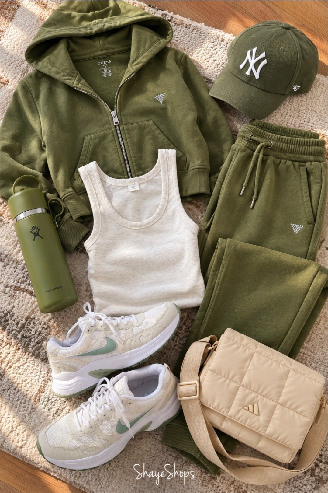 Cozy, sporty, and perfect for fall 🤎🌿 I love how the olive green looks paired with soft cream accessories, it makes an easy everyday outfit feel so put together. Perfect for errands, travel days, school drop-off, or a casual weekend.

#LTKootd #LTKActive #LTKdayinmylife