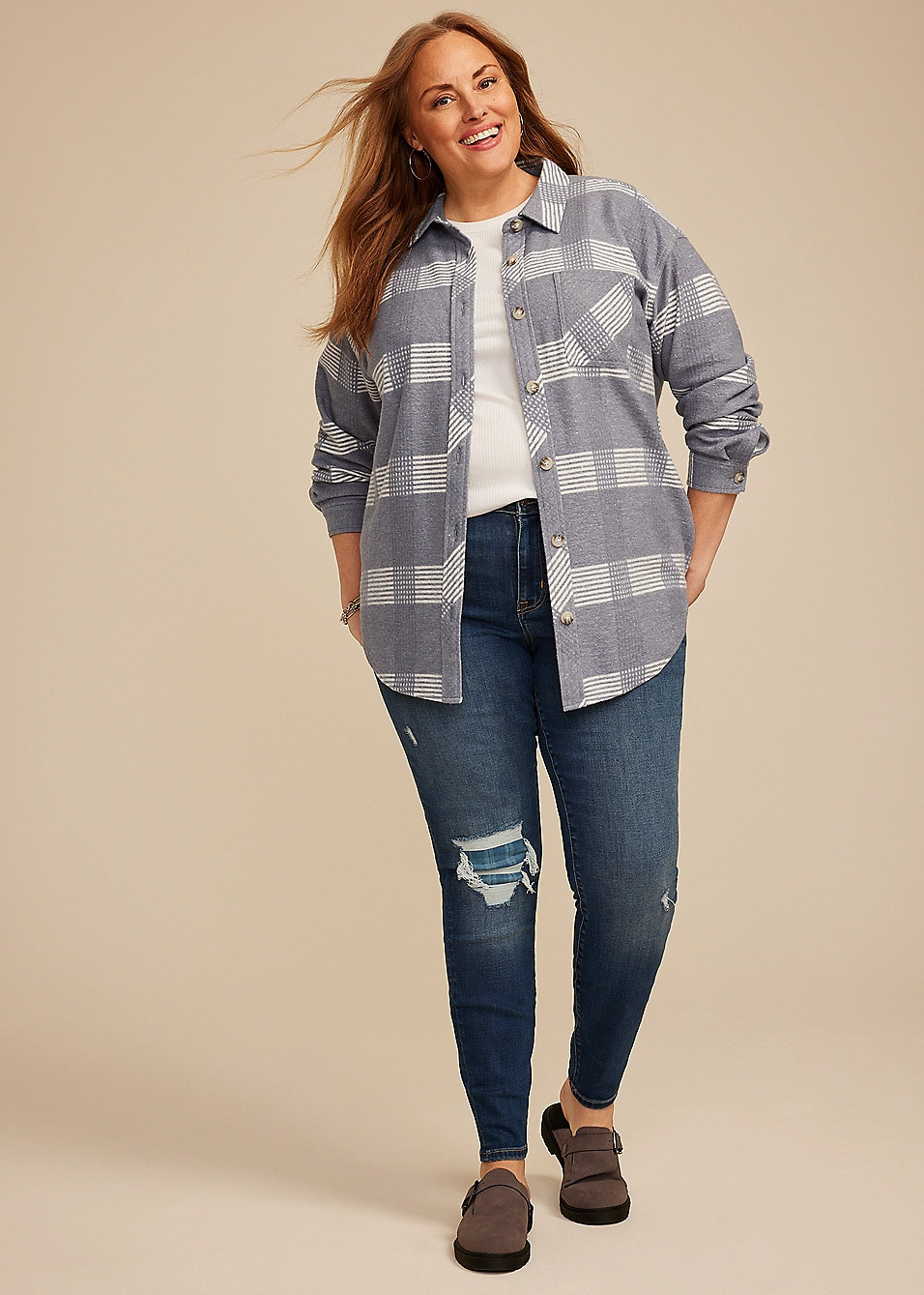 Plus Size Plaid Fleece Oversized Shacket | Maurices