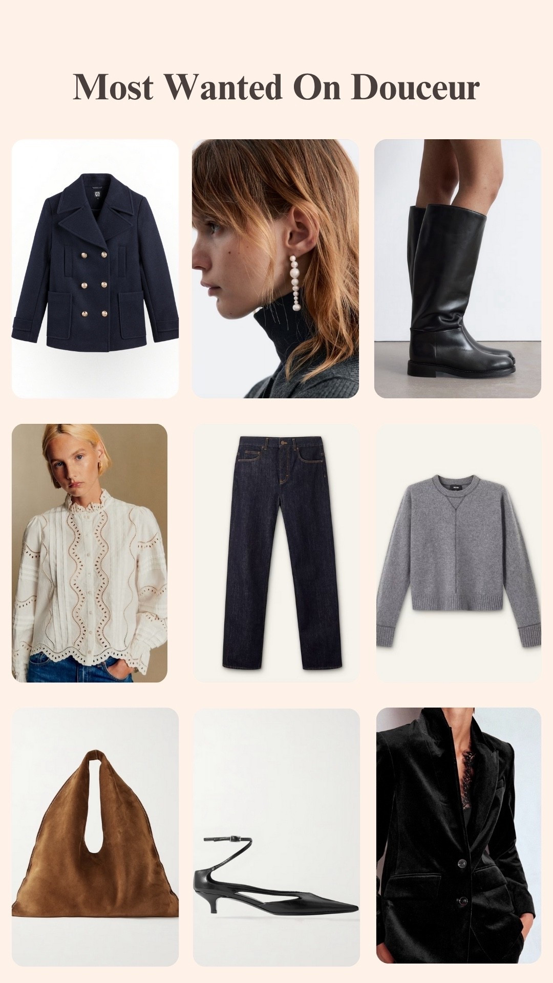 Your most loved items this week ❤️

Autumn Style,
Autumn Fashion, 
Navy Pea Coat,
Pearl Drop Earrings,
Black Knee Boots,
Ruffle Shirt,
Straight Leg Jeans,
Knit Sweatshirt,
Suede Shoulder Bag,
Leather Pumps,
Kitten Heels,
Velvet Blazer 


#LTKuk #LTKwinter #LTKautumn