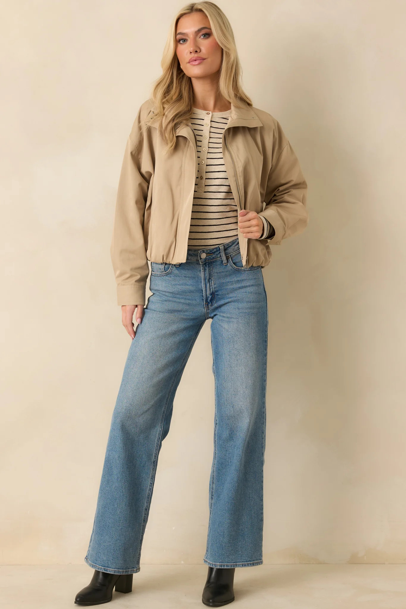 Smooth Finish Khaki Zip Up Bomber Jacket | Red Dress