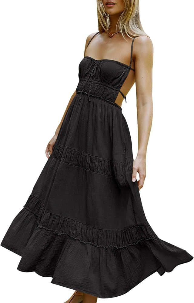 Women's Sexy Summer Dress Backless Flowy Dress Spaghetti Strap Maxi Dress with Pockets | Amazon (US)