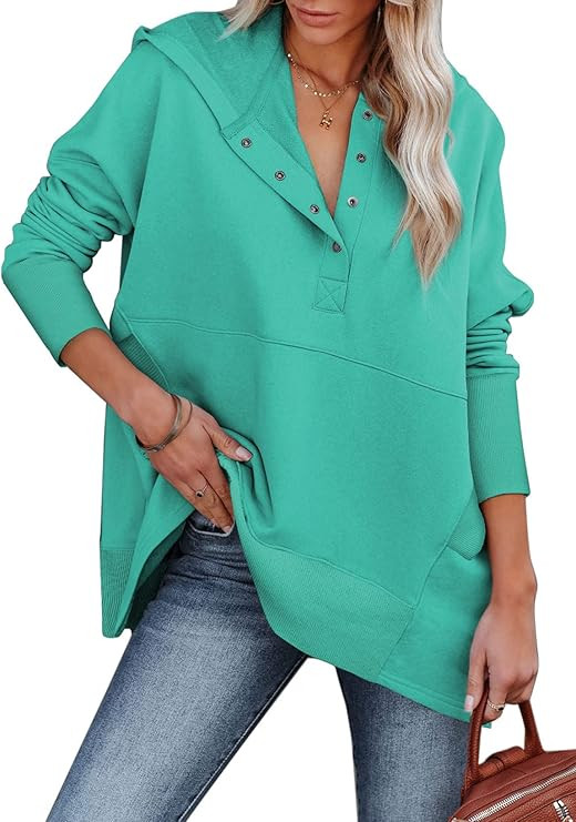 AlvaQ Womens Long Sleeve Casual Sweatshirts Women Hoodies Solid Color Button Collar Fall Pullover... | Amazon (US)