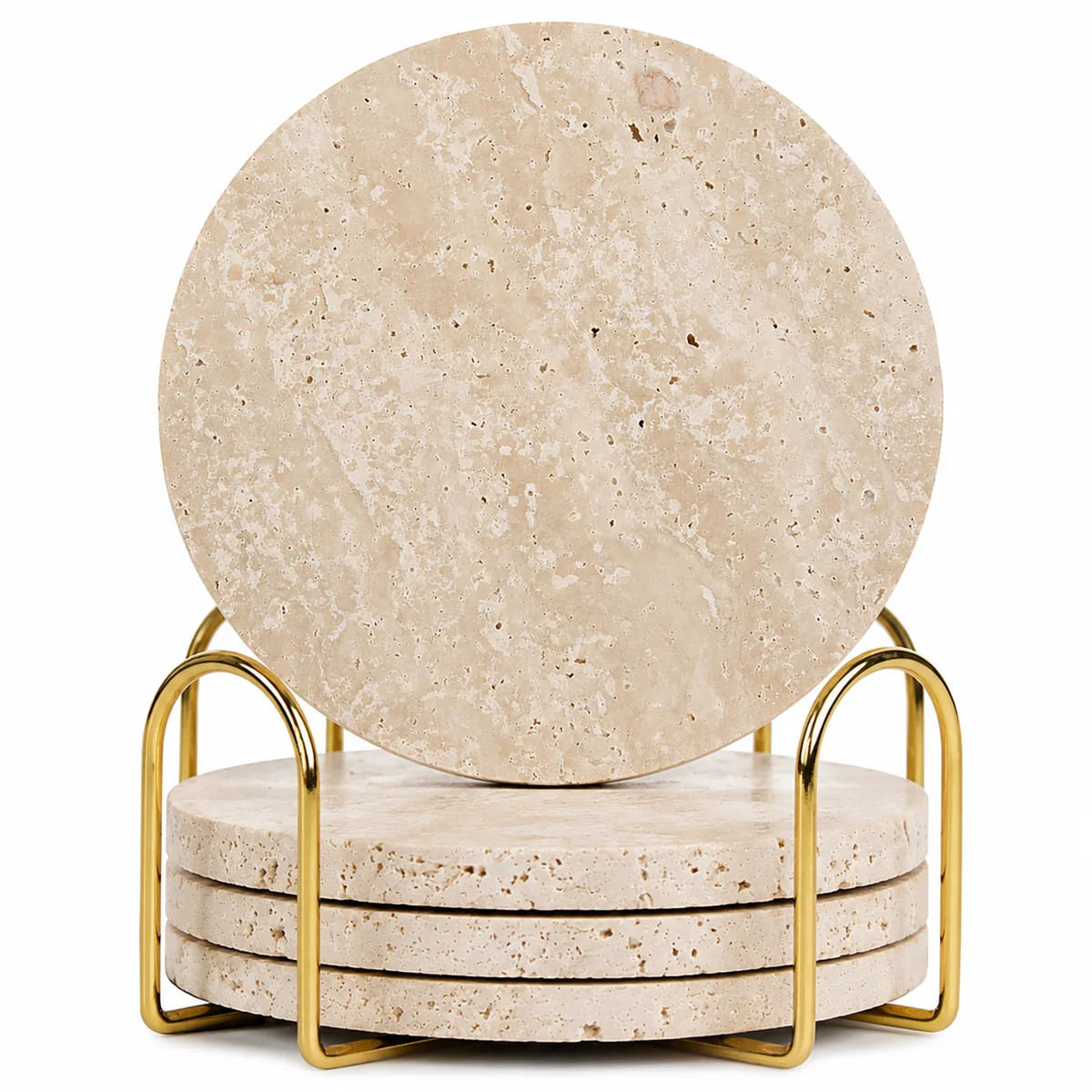 Natural Travertine Marble Coasters Set of 4, Round Stone Drink Coasters with Gold Metal Storage H... | Wayfair North America
