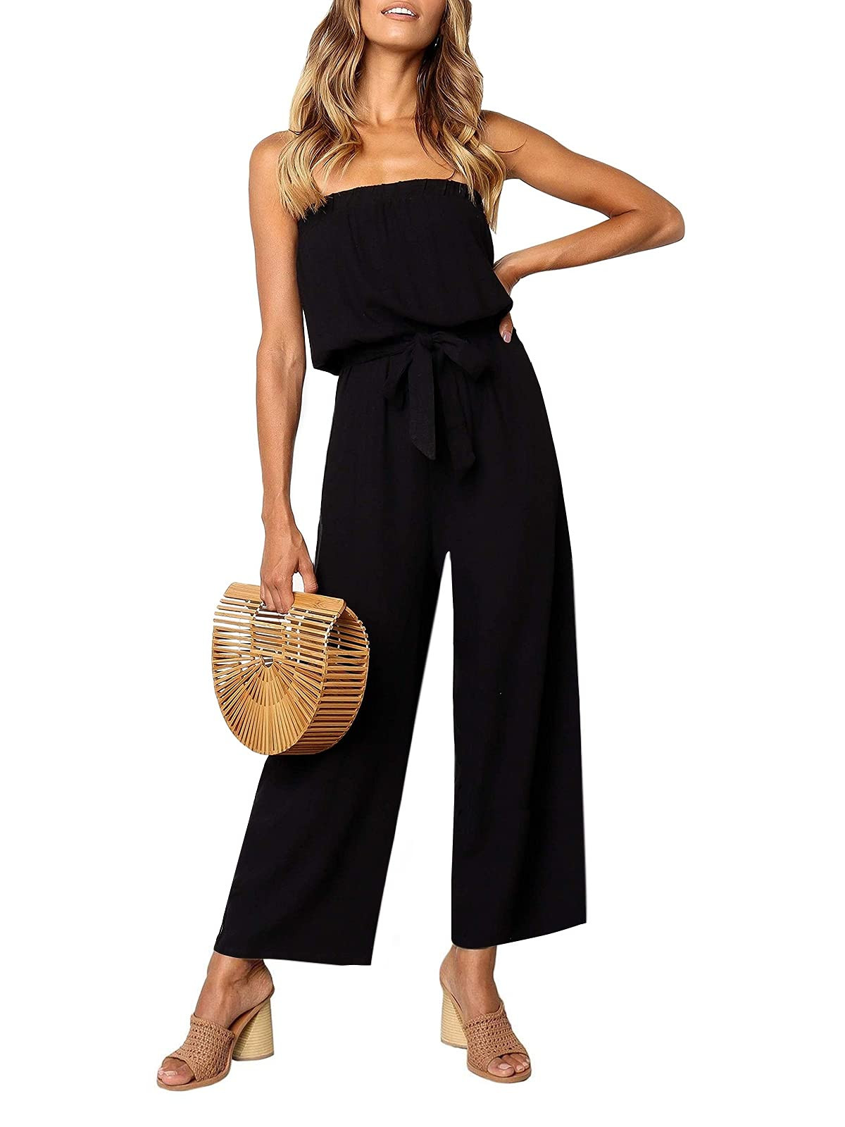 ZESICA Women's Casual Off Shoulder Solid Color Strapless Belted Wide Leg Jumpsuit Romper | Amazon (US)