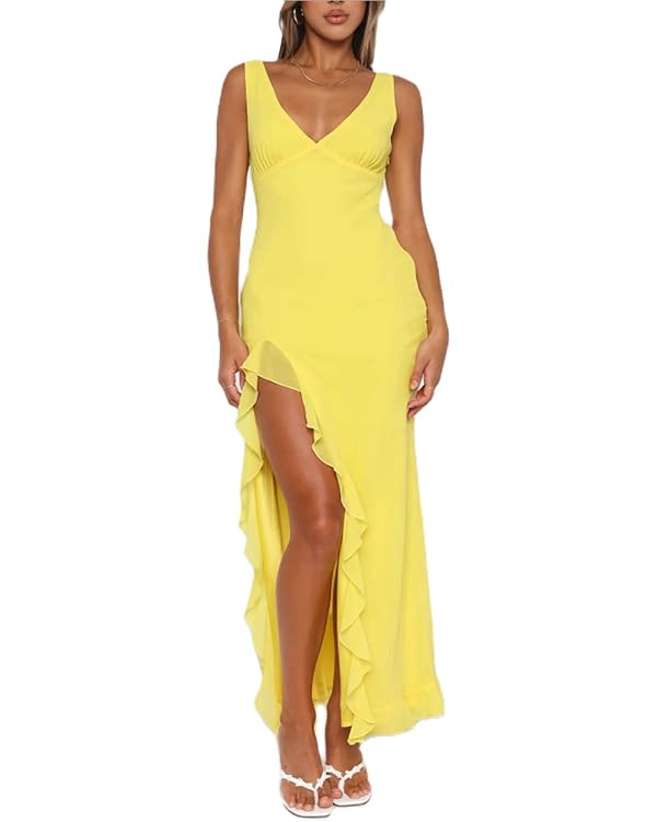 Women's Ruffle Maxi Dress Summer Y2k Sexy V Neck Backless Side High Split Hem Party Cocktail Maxi... | Amazon (US)