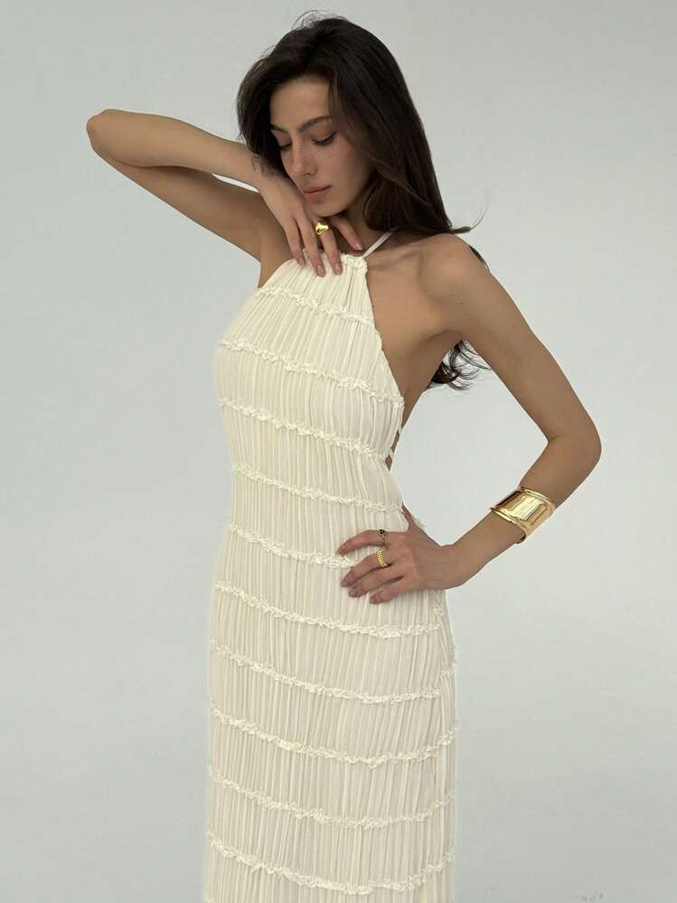 Aloruh Sexy Halter Backless Tiered Texture Bodycon Dress For Beach/Resort, White, Spring/Summer,Graduation Dresses | SHEIN