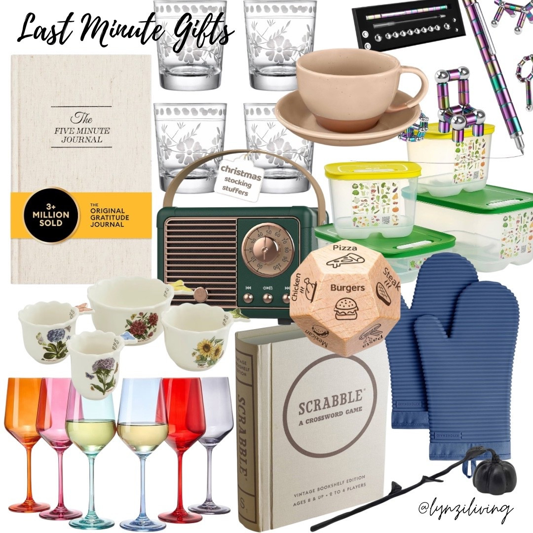 Last-minute Christmas gifts

Christmas presents for everyone, stocking stuffers, Christmas 2025, Christmas presents 2025, Christmas gifts 2025, five minute journal, gratitude journal, gifts for her, floral measuring cups, pretty measuring cups, colorful wine glasses, scrabble book board game, Bluetooth speaker, retro speaker, pretty drinking glasses, drinking glasses, stocking stuffers for him, dinner time dice, black candle snuffer, pumpkin candle snuffer, blue oven mitts, Tupperware, latte mug, coffee mug, fidget toys, fidget pen

#LTKFindsUnder50 #LTKHome #LTKGiftGuide