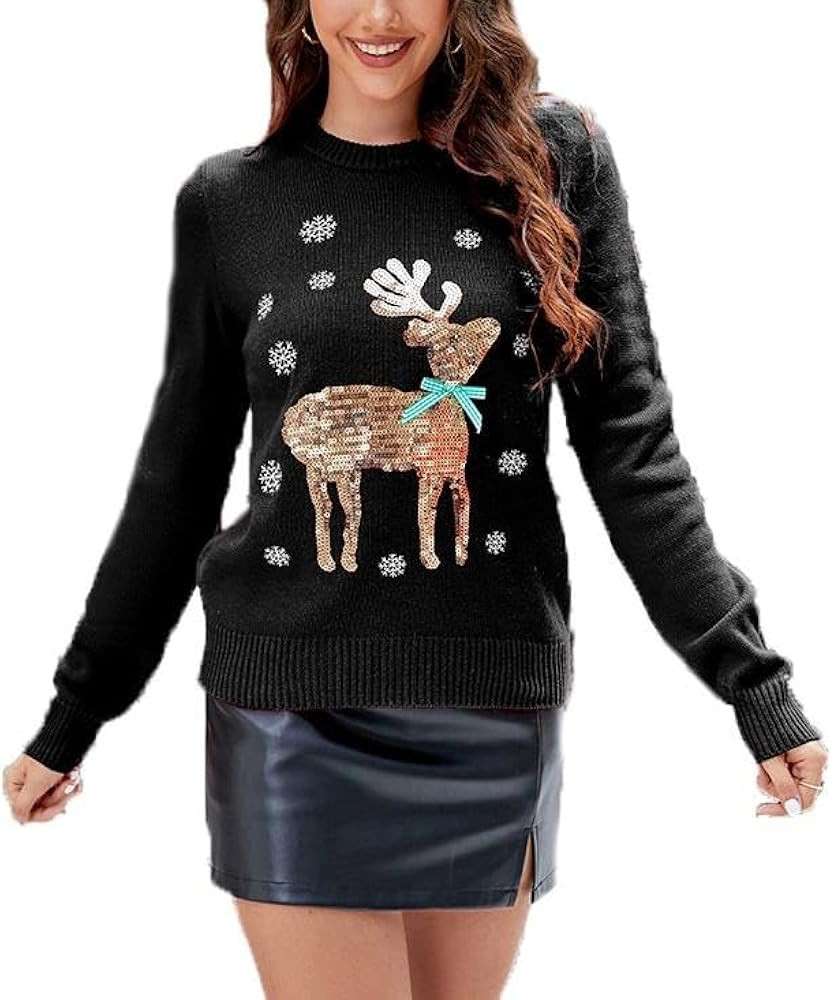 Akivide Womens Glitter Sequin Embellished Ugly Christmas Sweaters Funny Xmas Pullover Crewneck Kn... | Amazon (US)