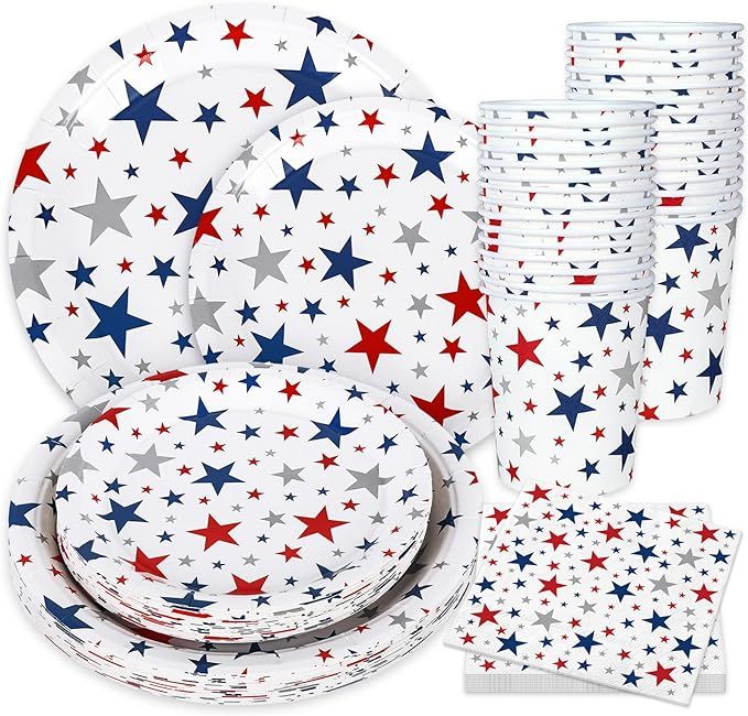 Whaline 96Pcs Patriotic Party Tableware Set with Paper Plates Napkins Cups Red Blue Silver Stars ... | Amazon (US)