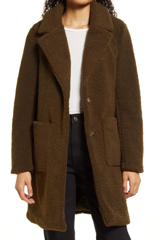 French Connection Notch Collar Faux Fur Teddy Coat in Olive at Nordstrom, Size Xx-Large | Nordstrom