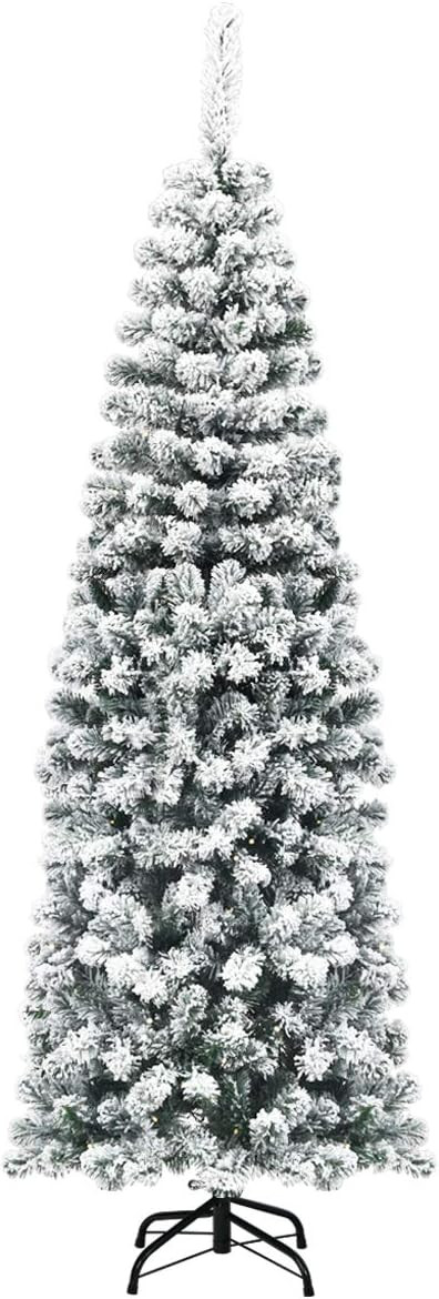 Goplus 6ft Snow Flocked Pencil Tree, Unlit Artificial Hinged Christmas Tree with Metal Stand, Sli... | Amazon (US)