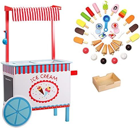 Ice Cream Cart Kids Playstand- Premium Wood 33+ Piece Realistic Wooden Play Set w Money Box, Chal... | Amazon (US)