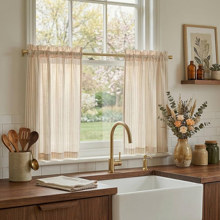 NICETOWN Linen Kitchen Short Curtains 36 Inch Length 2 Panels, Light Filtering Yellow Striped Pri... | Amazon (US)