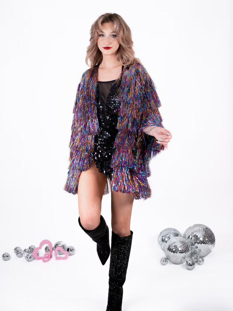 Swift Away Rainbow Tinsel Fringe Long Jacket - Etsy | Etsy (US)