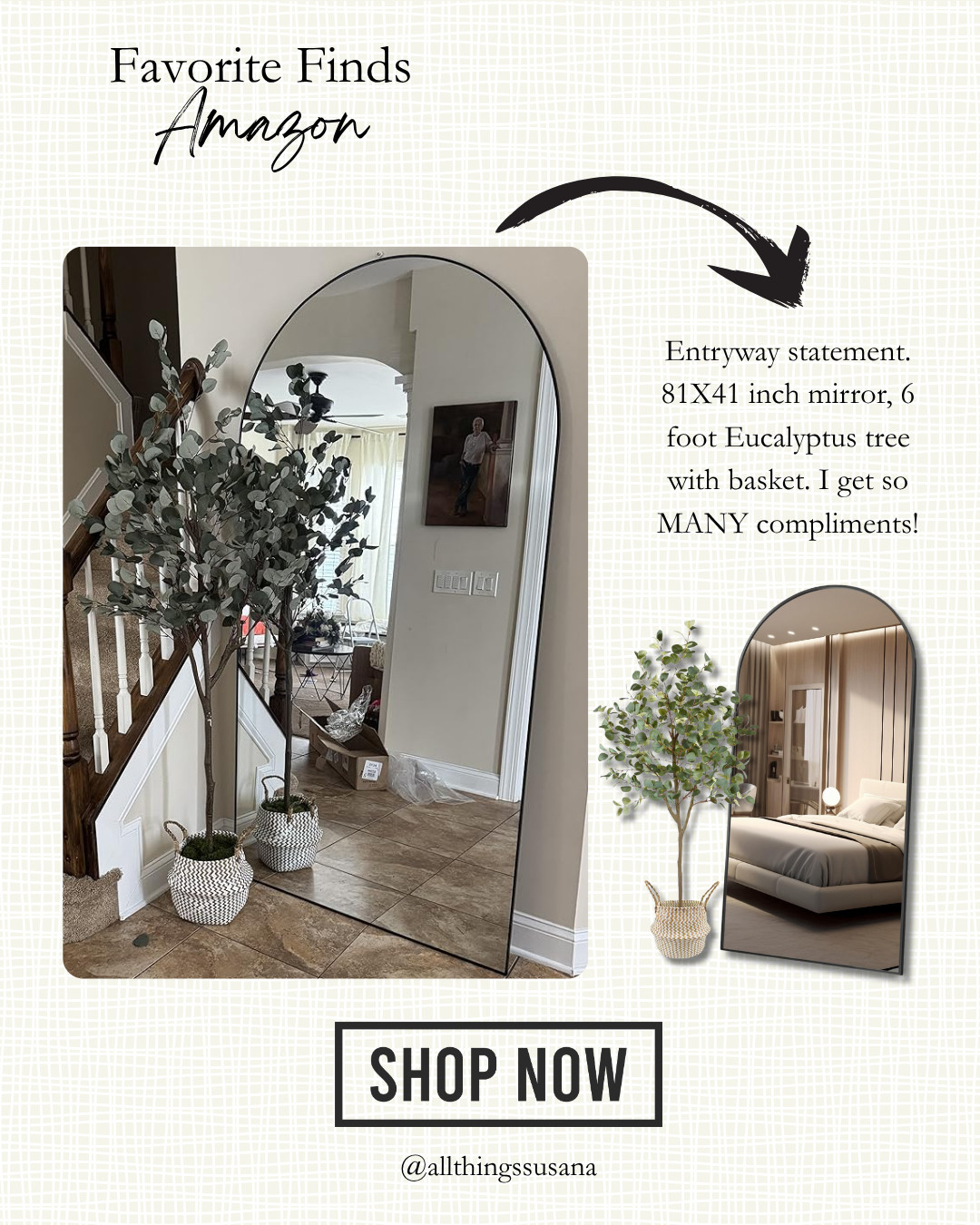 Entryway statement. 81x41 inch mirror, 6 foot eucalyptus tree with basket. I get so many compliments.  

 #LTKHome