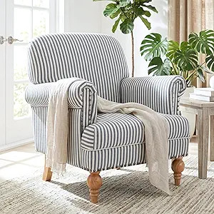 Blue Striped Linen Fabric Accent Chair, Coastal Upholstered Armchair with Nailhead Trim & Ball Tu... | Amazon (US)