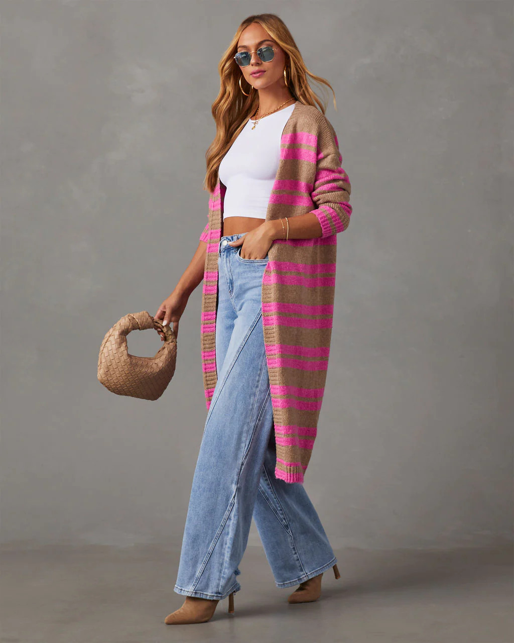 Jorja Striped Duster Cardigan - Pink/Taupe | VICI