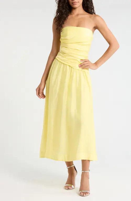 Ever New Rumi Ruched Strapless Midi Dress in Yellow at Nordstrom, Size 12 | Nordstrom