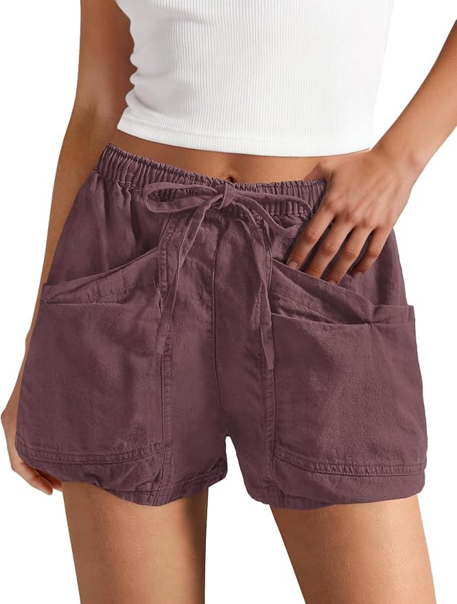 Yanekop Womens Cotton Linen Shorts High Waisted Drawstring Cargo Shorts | Elastic Waist, Wide Leg... | Amazon (US)