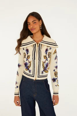 Golden Nature Full Zipper Knit Cardigan, GOLDEN NATURE OFF-WHITE / XL | FarmRio (US)