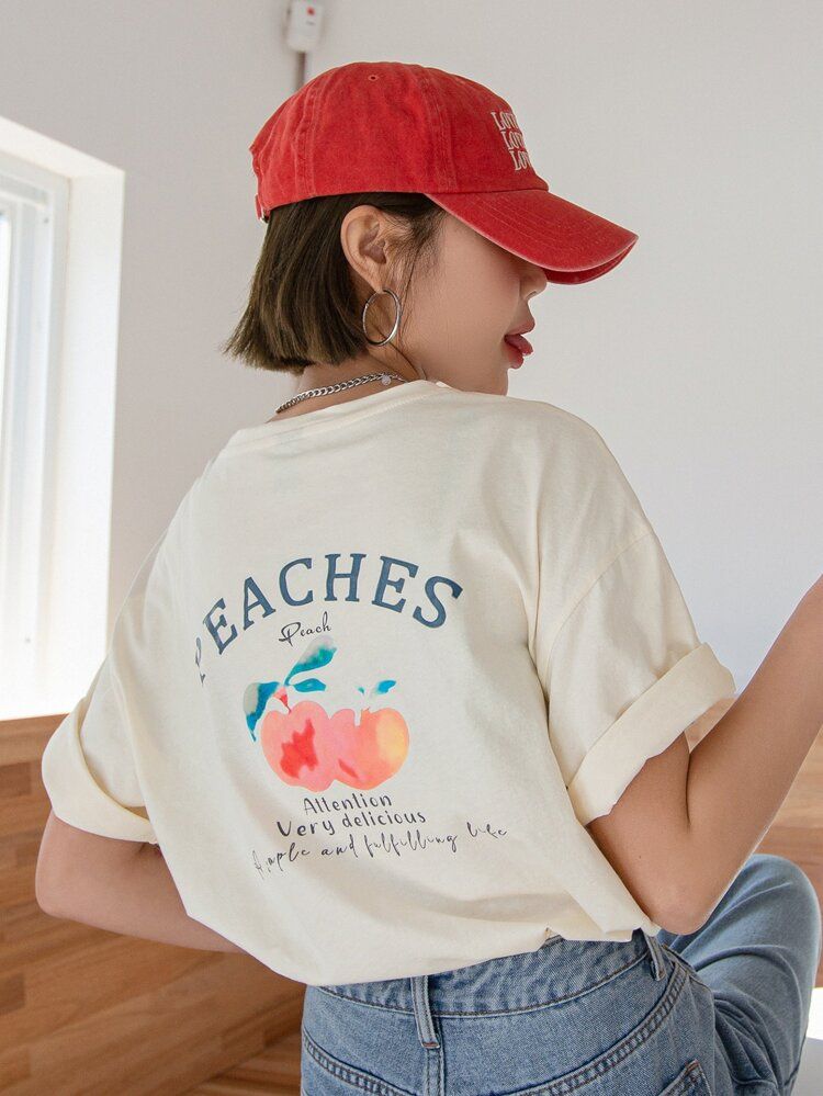DAZY Peach And Letter Graphic Drop Shoulder Tee | SHEIN
