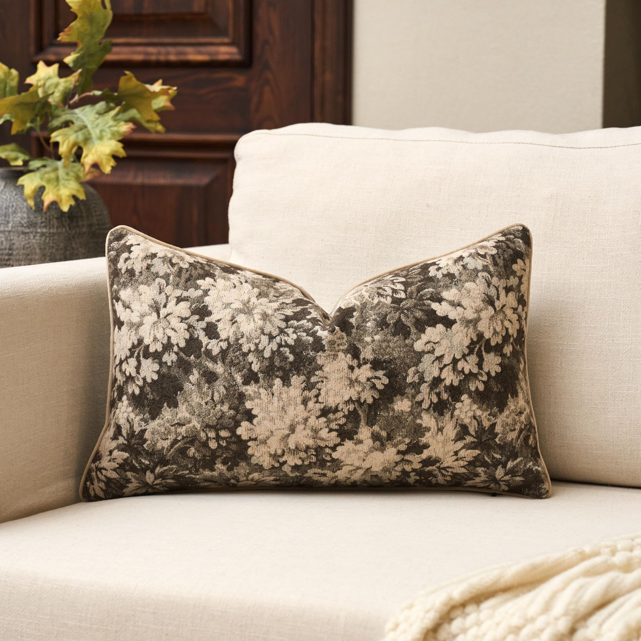 Yangest Neutral Floral Pillow Cover 12 x 20 Inches, Vintage Chenille Rectangle Throw Pillow Cover Soft Decorative Farmhouse Accent Couch Pillow Cover for Living Room Bedroom, Grey | Amazon (US)