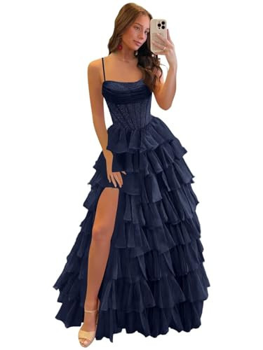 aseting Tiered Ball Gown Prom Dresses for Teens Corset Ruffle Spaghetti Straps Glitter Beaded A-Line Formal Dress with Slit Navy Blue US8 | Amazon (US)