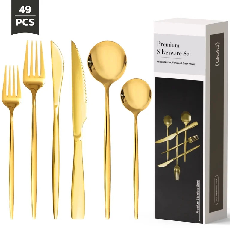 Astercook 49-Pieces Gold Silverware Set with Steak Knives for 8 - Great Food-Grade Stainless Stee... | Walmart (US)