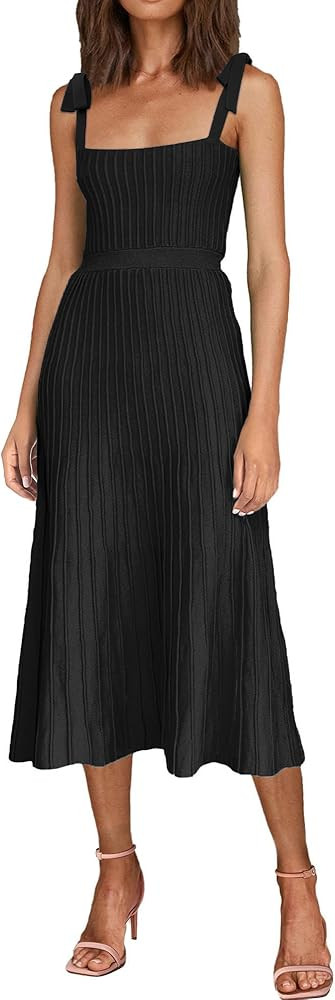 Women's 2024 Summer Maxi Dresses Tie Spaghetti Strap Square Neck Ribbed Knit Dress | Amazon (US)