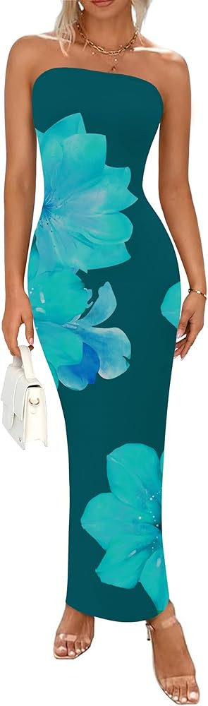 PRETTYGARDEN Women Summer Strapless Maxi Dress Bodycon Floral Sexy Long Wedding Guest Dress Forma... | Amazon (US)