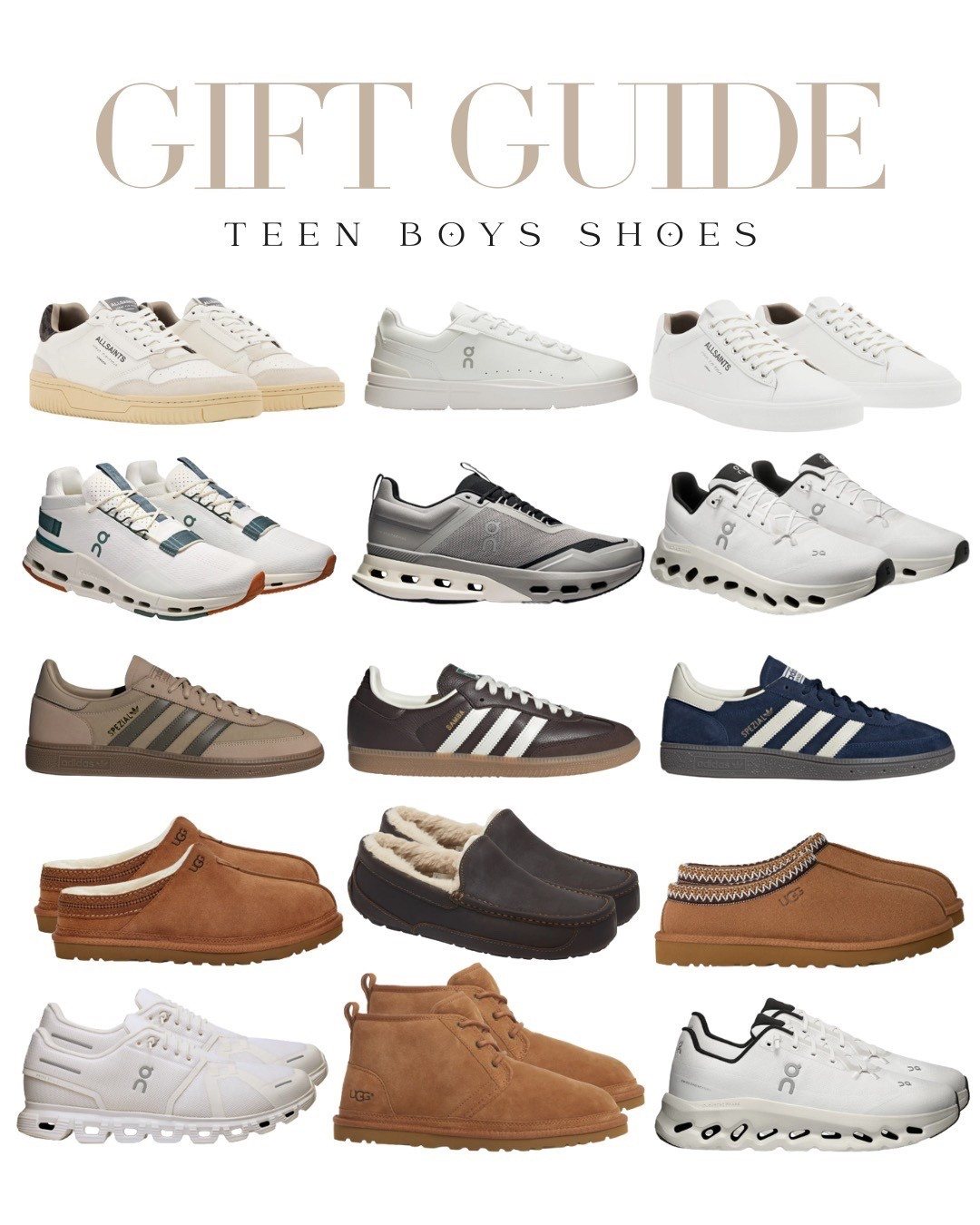 Teen boy shoes they’ll definitely wear, On Clouds, Adidas classics, UGG slippers, and everyday leather sneakers. Trendy but still practical.

#LTKSeasonal #LTKHoliday #LTKGiftGuide