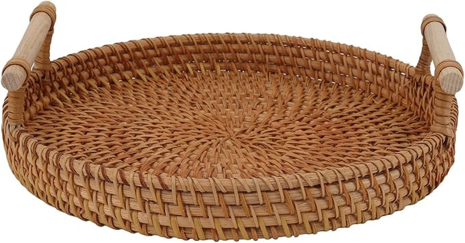 Round Wicker Basket, Serving Tray with Handles Rattan Serving Tray Round Woven Tray Wicker Trays ... | Amazon (US)