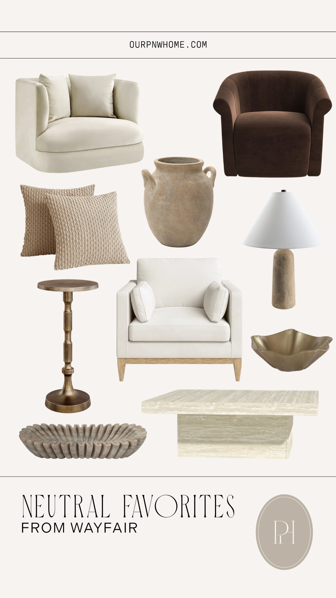Neutral home favorites from Wayfair! 

neutral furniture, velvet accent chair, white accent chair, ivory armchair, brown accent chair, living room furniture, living room seating, square coffee table, scalloped bowl, ruffled bowl, decorative bowl, gold bowl, home decor, home accents, travertine table lamp, tan throw pillows, neutral accent pillows, gold end table, accent table, side table 

 #LTKSeasonal #LTKHome #LTKSaleAlert
