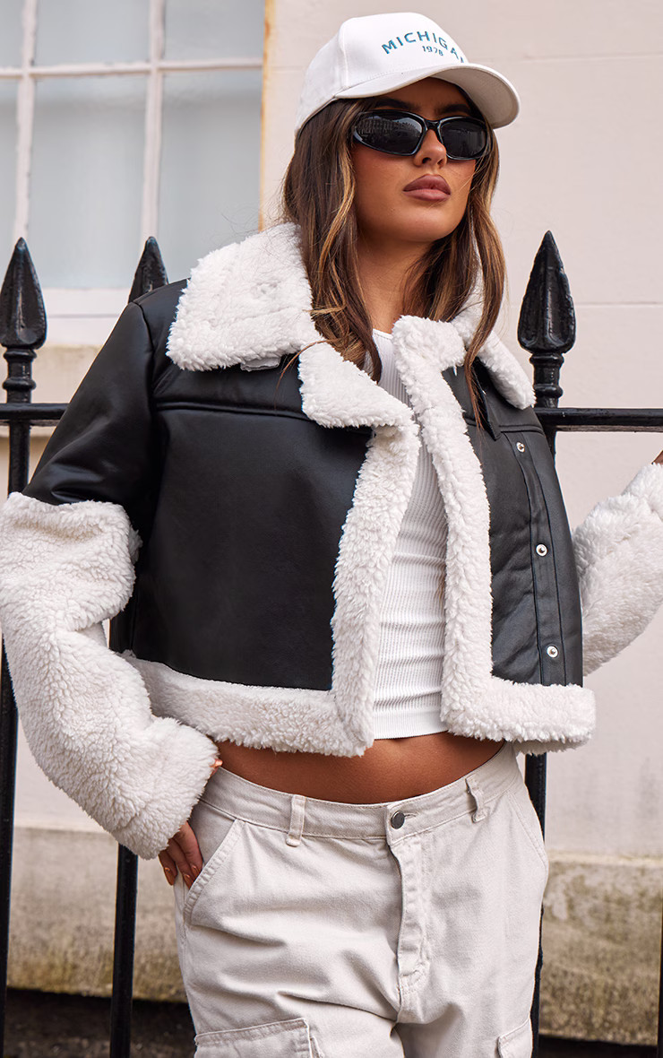 Black Statement Borg Trim Faux Leather Aviator Jacket | PrettyLittleThing US