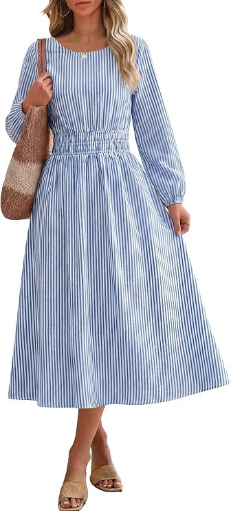 ANRABESS Women's Long Sleeve Midi Dress Casual Striped Crewneck Fall Dress | Elastic Waist Flowy ... | Amazon (US)