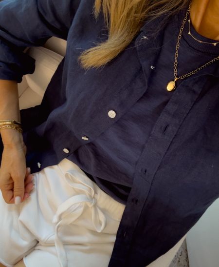 A favorite linen shirt I have in several colors! Sz 2 under $50 on sale now. 

soft navy t-shirt I am wearing with every outfit lately! 

Frank & Eileen jersey shorts sz XS obsession is real. 

Classic 14k Gold locket




#LTKOver40 #LTKSaleAlert #LTKTravel