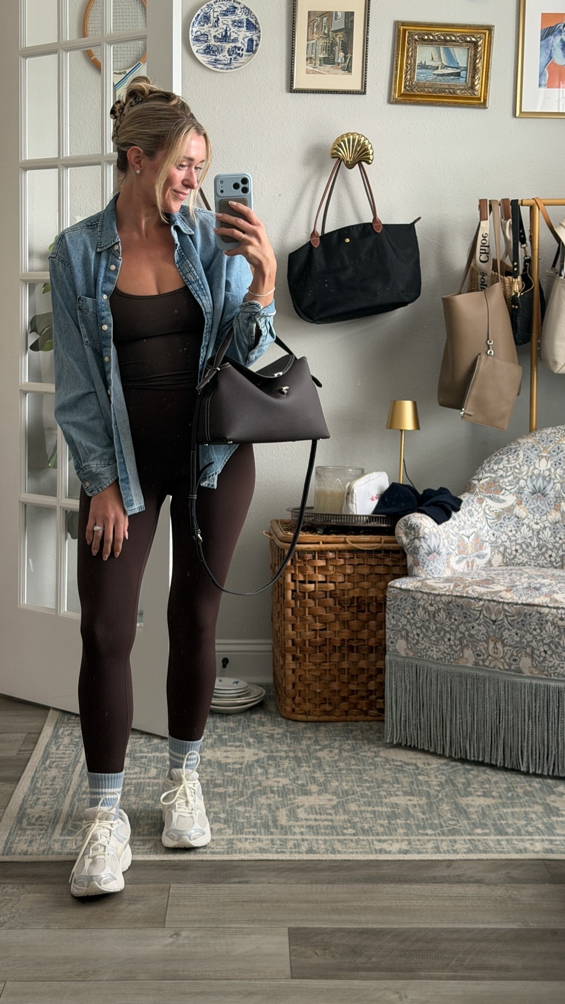 The easiest way I know to make leggings feel a little more like an outfit. A denim shirt + chocolate brown for early fall.

leggings outfit, denim shirt, chocolate brown, fall athleisure, casual fall outfit, everyday style, transitional outfit