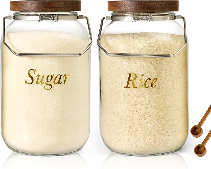 Glass Flour Sugar Storage Jars with Handles, 135 fl OZ Glass Containers with Spoons, 1 Gallon Lar... | Amazon (US)