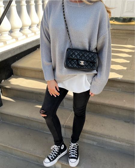 Chic and simple outfit for spring - from new look. Black ripped skinny jeans, white shirt and grey knit jumper. Converse platform trainers, Chanel mini classic flap bay  

#LTKstyletip #LTKshoecrush #LTKitbag