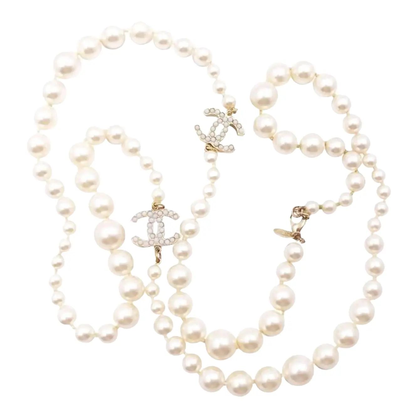Chanel 2 Gold CC White Bead Pearl Necklace | Chairish