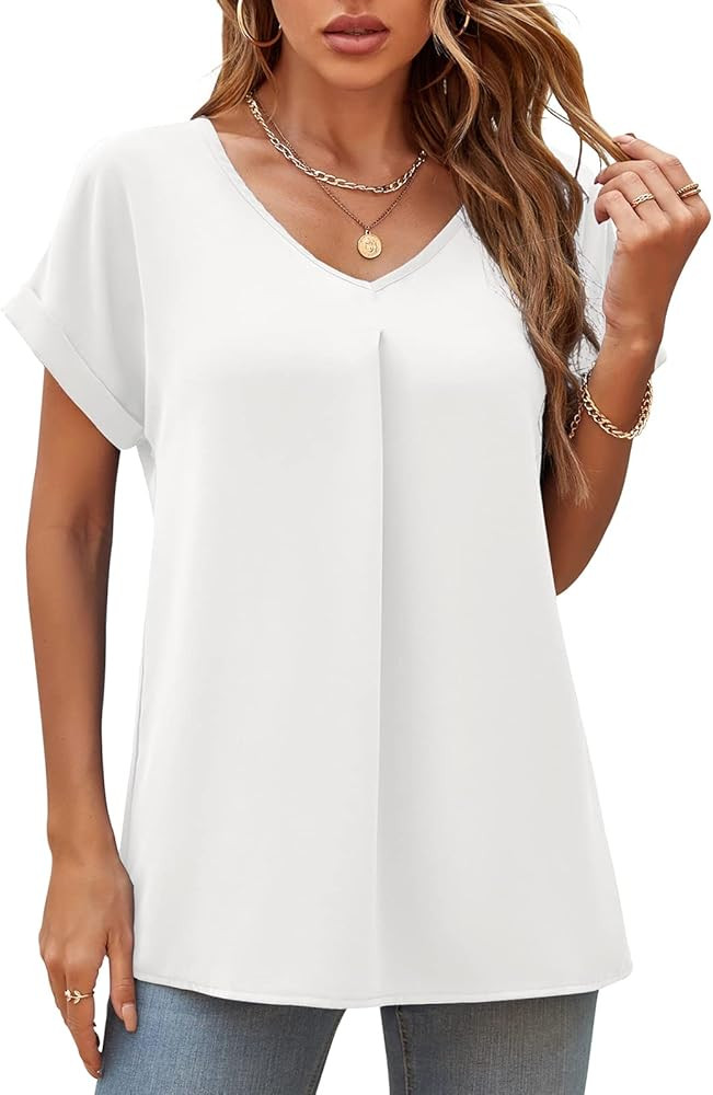 QUEZHU Summer Blouses for Women Elegant Casual V Neck Chiffon Blouses Tops Shirts | Amazon (US)