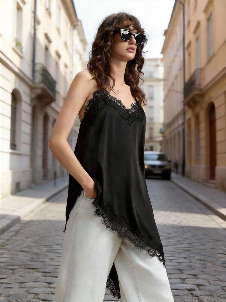 Ontre Spitze Damen Schwarze Satin Dehnbarer Stoff Bequeme Asymmetrische Saumline Spaghetti-Träger Langarm Top, Moderner Urbaner Lässig Business Chic Büromode, Altmodische Kreuzfahrt-Garderobe Für Hochzeitsgäste, Weihnachts-Silvester-Festatmosphäre Urlaubsparty | SHEIN