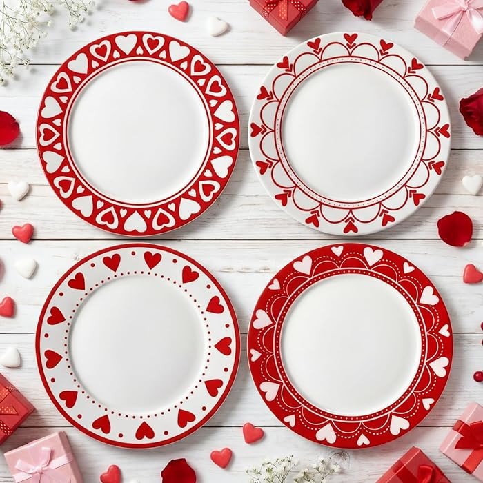 Rtteri Set of 4 Valentine's Day Heart Plate 9 Inch Ceramic Red White Heart Dessert Plate Salad Di... | Amazon (US)