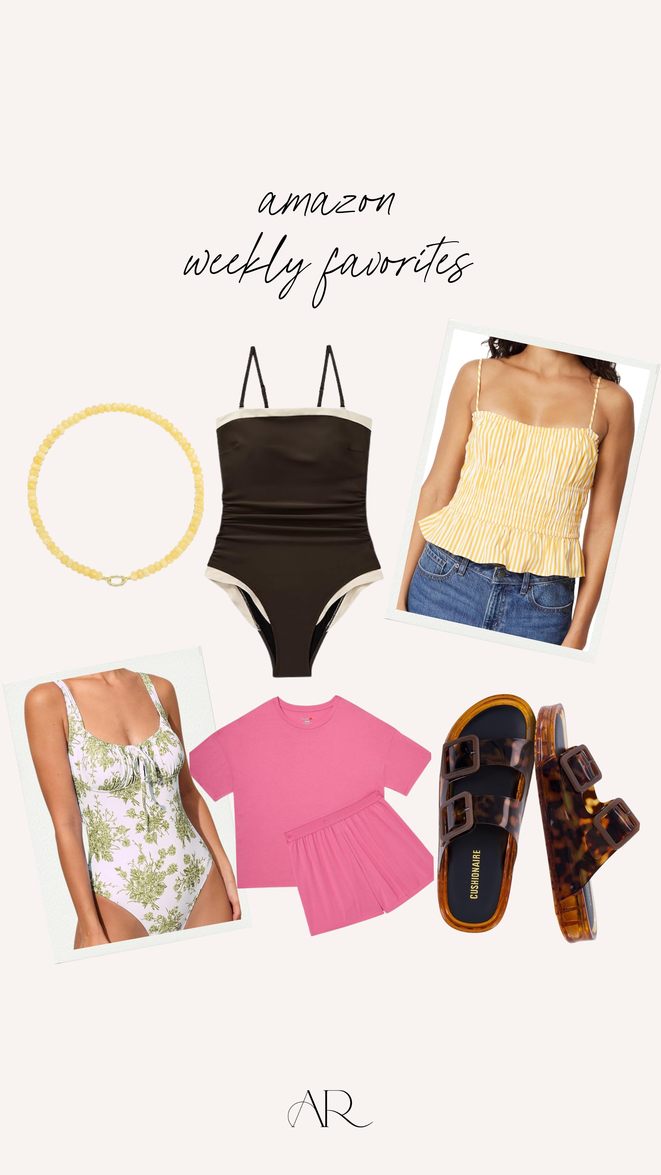 My amazon favorites this week! I cant stop wearing these tortoise shell sandals!

anti-pooch swimwear, pajama set, beaded jewelry 

 #LTKgrwm #LTKootd #LTKMidsize